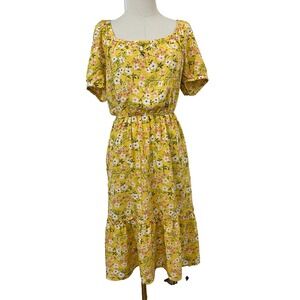 PLACE Yellow Floral Garden Cottagecore Tiered Midi Dress Women Small Puff Sleeve